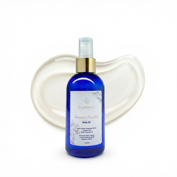 FLORÍNTO Body Oil – Hydrating & Nourishing Formula with Natural Oils & Vitamin E – Deep Moisture for Smooth & Glowing Skin – Fast Absorbing & Non-Greasy Formula – 200 ml (Jasmine & Vanilla)