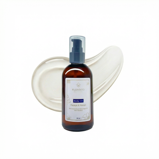 FLORÍNTO Body Oil – Hydrating & Nourishing Formula with Natural Oils & Vitamin E – Deep Moisture for Smooth & Glowing Skin – Fast Absorbing & Non-Greasy Formula – 200 ml (Papaya & Mango)